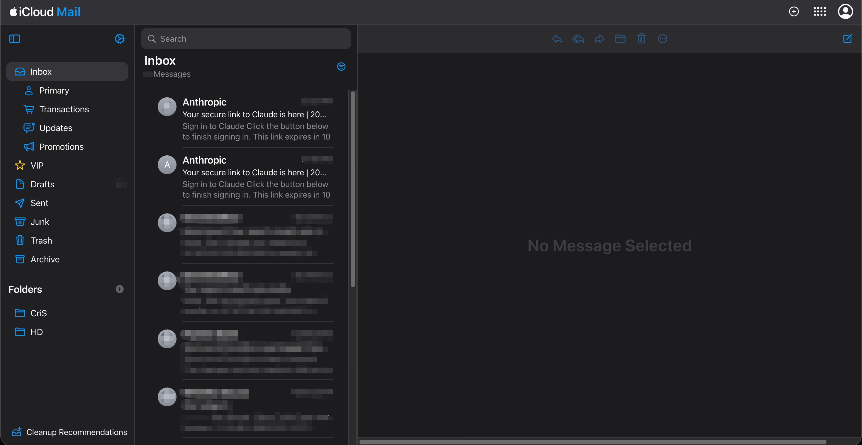 iCloud Mail inbox with folders on the left and a message list showing Claude sign-in link emails from Anthropic