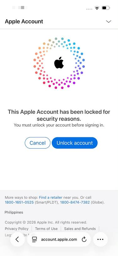 Mobile browser on account.apple.com showing that the Apple Account is locked for security reasons, with Cancel and a blue Unlock account button