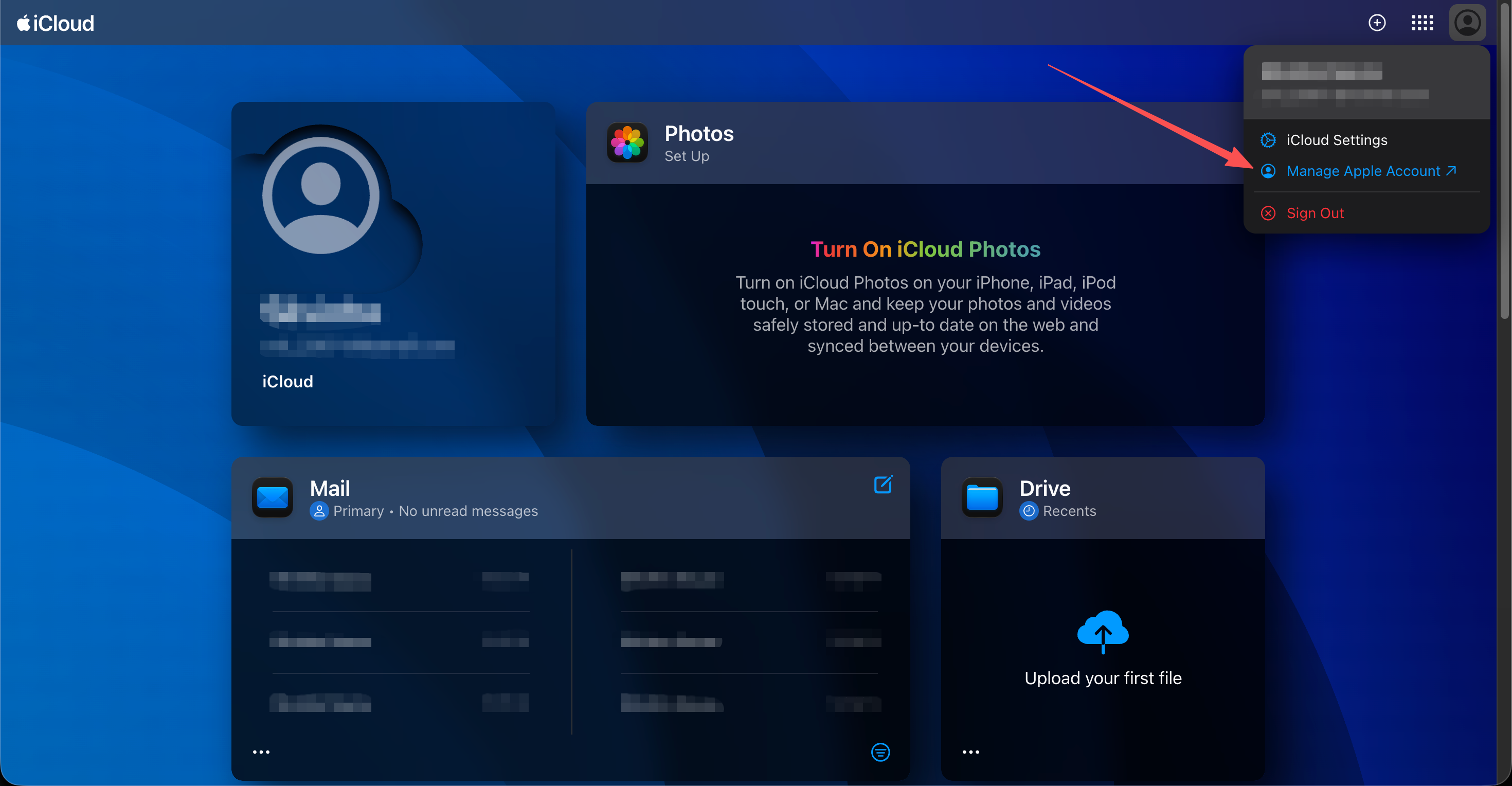 Profile menu on the iCloud home page with a red arrow pointing to Manage Apple Account