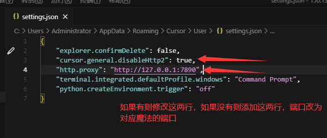 Cursor settings.json 代理配置示意图