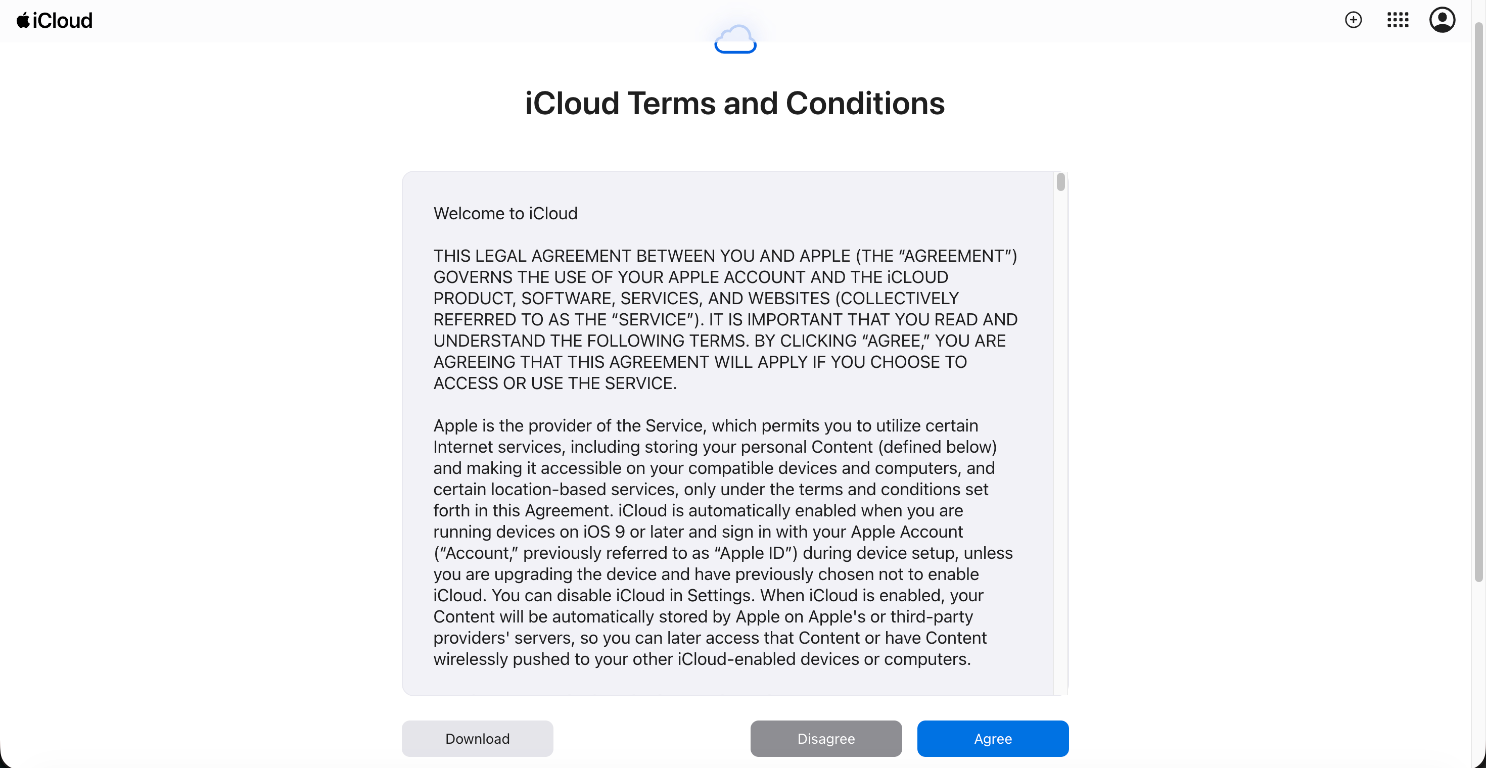 iCloud Terms and Conditions page with Download, Disagree and a blue Agree button at the bottom