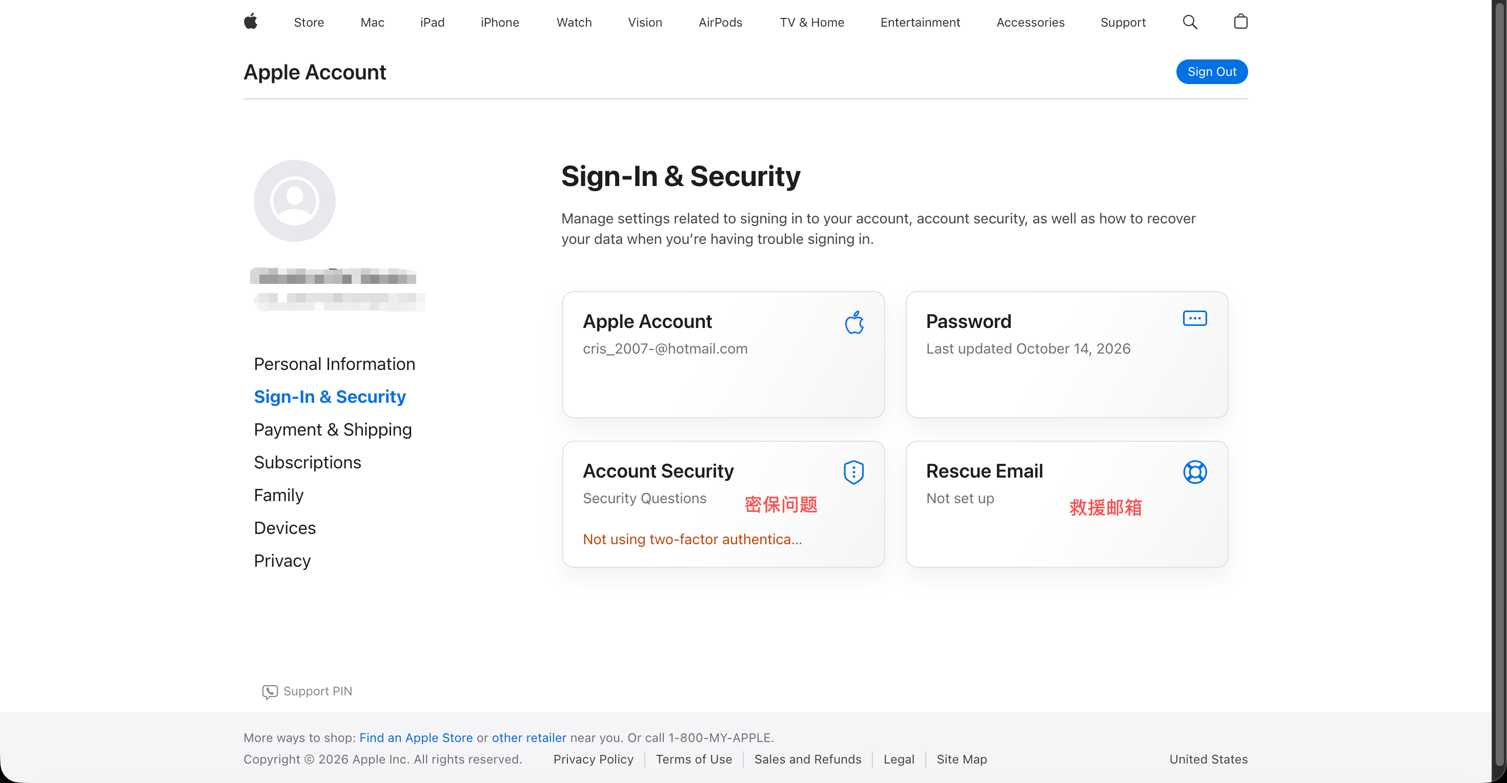 Apple Account Sign-In & Security page showing Apple Account, Password, Account Security and Rescue Email cards, with red labels marking security questions and rescue email