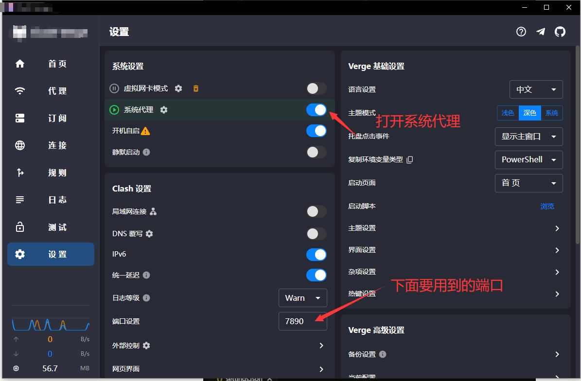 系统代理与端口设置示意图