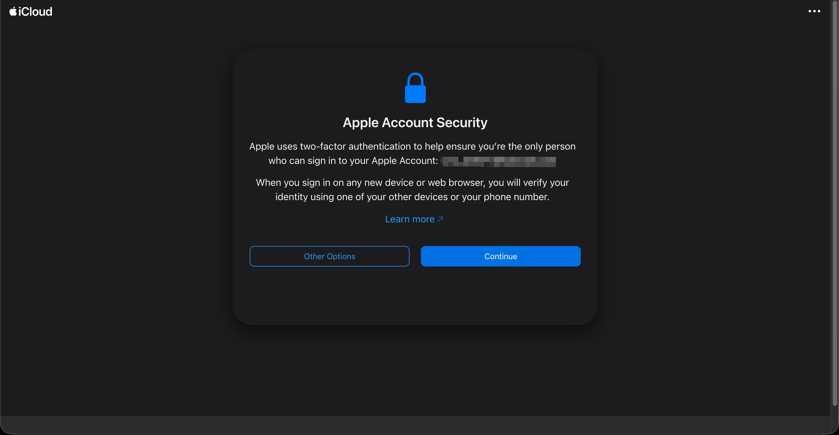 Apple Account Security screen with a blue lock icon explaining two-factor authentication, and Other Options and Continue buttons
